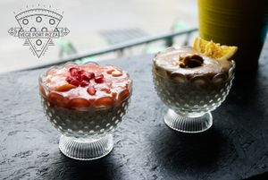 Dessert with chia seeds with chocolate or rhubarb mousse at Vegan Port Pizza & Restaurant in Gdansk