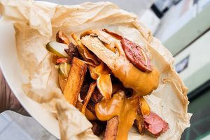 Pizza burger with chips ;) at Vegan Port Pizza & Restaurant in Gdansk