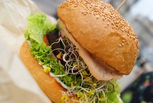Burger with seitan + fried marinated aubergine + parsley and caper sauce + fresh vegetables at Vegan Port Pizza & Restaurant in Gdansk