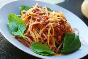 Spaghetti with ,,bolognese'' sauce and vegan cheese. at Vegan Port Pizza & Restaurant in Gdansk