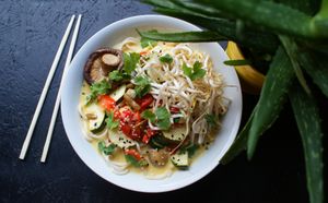 tom - kha on coconut milk with tofu, rice noodles and vegetables at Vegan Port Pizza & Restaurant in Gdansk