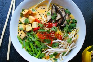 tom - yum soup with noodles, tofu and vegetables at Vegan Port Pizza & Restaurant in Gdansk