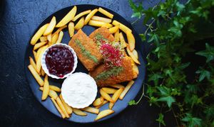 breaded vegan cheese with fries at Vegan Port Pizza & Restaurant in Gdansk