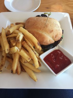mushroom burger and fries  at Harborside Tavern in Boothbay Harbor