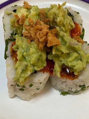 New vegan sushi with mashed Avocado and crispy onions at YO! Sushi in Dartford