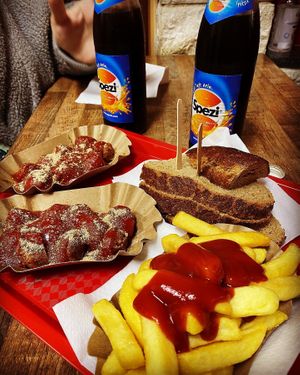 Vegan Currywurst, Fries, Bauernbrot, and Spezi   at Best Worscht in Town in Mainz