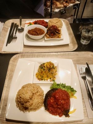 Hamburg steak, pumpkin salad, spicy curry, harusame at Vegetarian Beast in Tokyo
