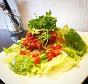 vegan taco meat & brown rice  at Vegetarian Beast in Tokyo