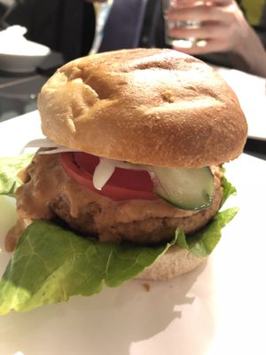 Single patty with spicy sauce at Vegetarian Beast in Tokyo