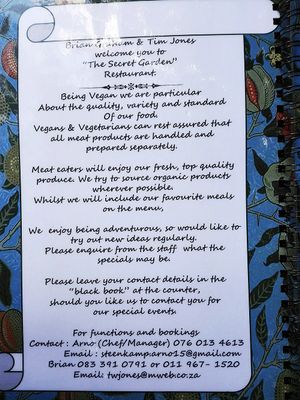 Menu at The Secret Garden in Benoni