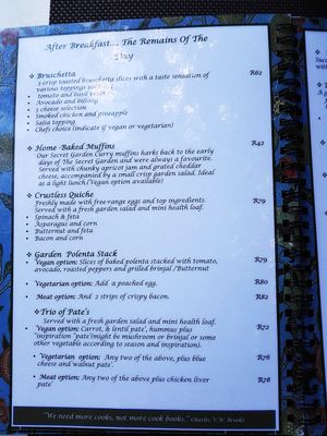 Menu at The Secret Garden in Benoni