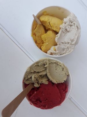 mango / peanut butter and cherry / pistachio vegan ice cream at Kafej in Poznan