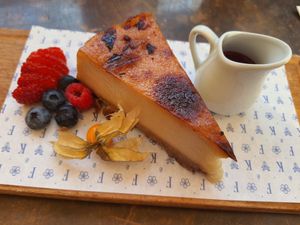 Vegan cheese cake - nice but kinda weird at Flax & Kale - H&M in Barcelona