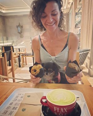 Best breakfast 😋quinoa blueberry muffin and matcha chocolate dip muffin and matcha latte with soy milk at Flax & Kale - H&M in Barcelona