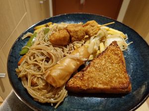 Toast spring roll chikn satay sticks vegie noodles at Vegie Kitchen in Southbank