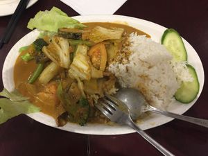 Curry mock fish rice at Vegie Kitchen in Southbank