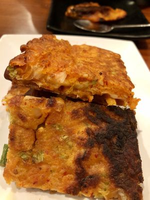 #vegan kimchi pancakes- they said no fish!  at Bowl'd in Albany