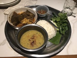 Aubergine curry set (includes rice, soup, veggies and salsa) MMK 9,000 at Rangoon Tea House in Yangon