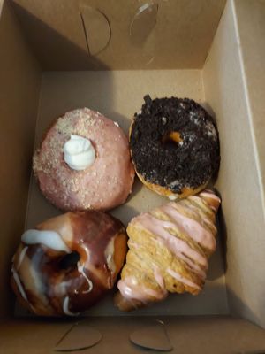 Back open 2/3/22! Statwverry shortcake, cookies and cream, Carmel chocolate marshmallow, strawberry iced croissant. at Fry Baby Donuts in Buffalo