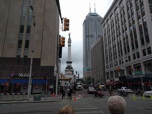 Walk down this street and towards the monument to get to Greenleaf Juicing Company at Greenleaf Juicing Company in Indianapolis