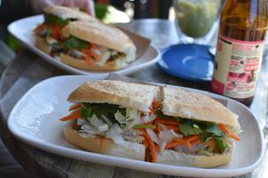 Tofu bahn mi and vegan pork bahn mi in background at Olivia Spring Cafe in Moonee Ponds