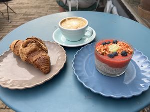 Strawberry chia pudink, croissant, cappuccino (107 sek)  at OAS Cafe in Kalmar