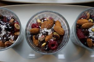 chia pudding with almond milk, nuts, berries and agave / vegan / glutenfree/ refined sugar free at OAS Cafe in Kalmar