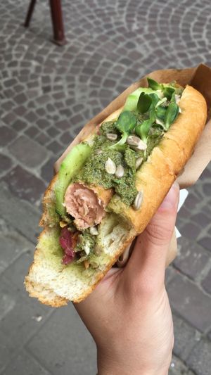 I visited Lviv for three days and ate three out of the four flavours of hotdog... they were all amazing!! Since turning vegan I've really missed hotdogs and these were even better then anything I've had before. 
Really well thought out flavour combinations and ingredients I've never seen with a hotdog! Loved the pesto and hummus additions. 
The hot dogs were super cheap too and the owners really friendly ? Couldn't recommend this place enough, a must for all vegans visiting Lviv! Even my meat eater friend was very impressed!  at Dogs Like Ducks in Lviv