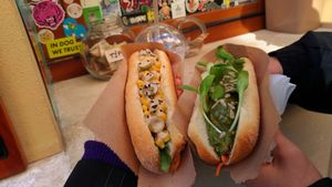 ";Spaniel"; (right) and ";Collie"; (left) hot-dogs, yum-yum! at Dogs Like Ducks in Lviv