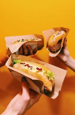 Hot-dog Pitbull, Collie and Husky at Dogs Like Ducks in Lviv