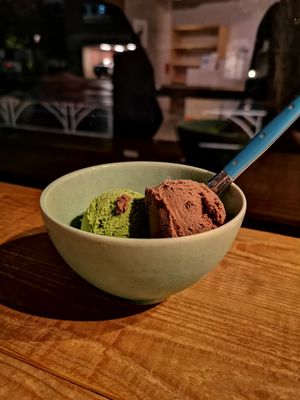 Matcha and double choc in have here bowl. at Kippy's Coco-Cream in Tokyo