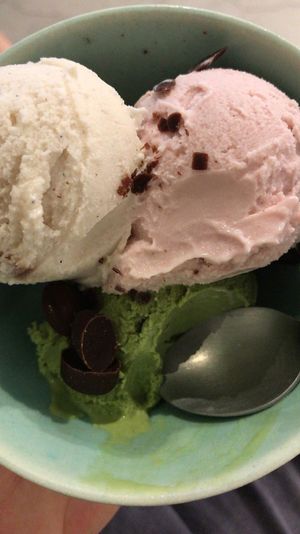 Vanilla bean, cherry blossom, and green tea ice cream with fudge bombs  at Kippy's Coco-Cream in Tokyo