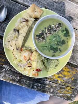 Green pea soup w mint leaves and focaccia👌🏽 at Cafe Nyfiket in Raettvik