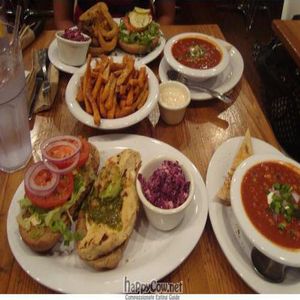 Food! Grillin' Chickin', Sweet Heart Fries, Bean me Up Chili,and 'The Stack' at Veggie Grill - University Center in Irvine