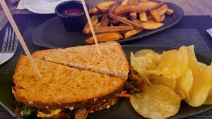 Veg sandwich with humous and hand made chips (French fries) at Noname Restaurant in Mallorca