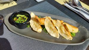 Gyozas on top of wakame salad at Noname Restaurant in Mallorca