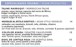 Vegan menu (Spanish & English) at Noname Restaurant in Mallorca