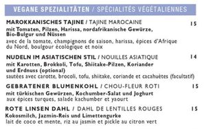 Vegan menu (German & French) at Noname Restaurant in Mallorca
