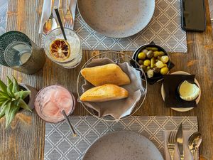 Vegan aioli with bread and olives/pickles   at Noname Restaurant in Mallorca