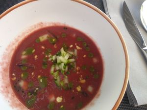Red fruits gazpacho (order without feta cheese) at Noname Restaurant in Mallorca