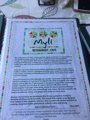 the menu at Myli Restaurant Café in Crete