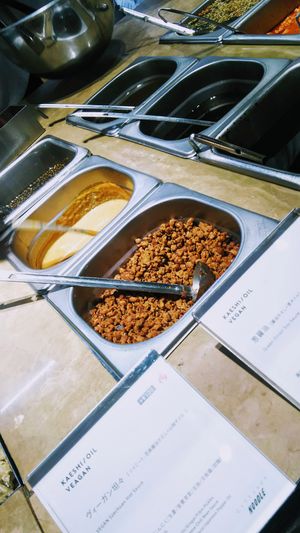 Dressings. Vegans ones are clearly labeled as such. at Cityshop Noodle in Tokyo