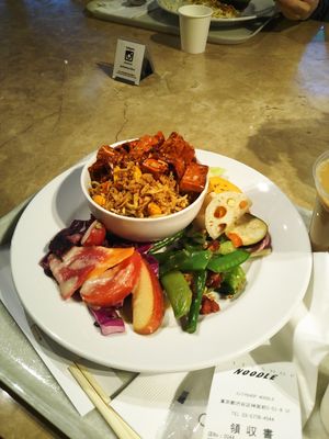 Spicy vegan tantan, spring veg sautee, "red" salad, citrus combo at Cityshop Noodle in Tokyo