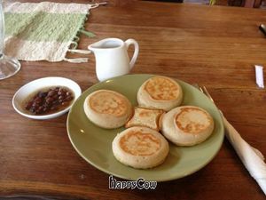 Buckwheat pancakes with raisons and syrup at Zula Vegetarian Paradise in Seminyak