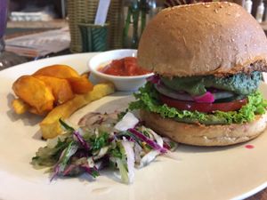 Veggie burger at Zula Vegetarian Paradise in Seminyak