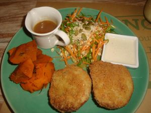 seitan schnitzel with baked pumpkin at Zula Vegetarian Paradise in Seminyak