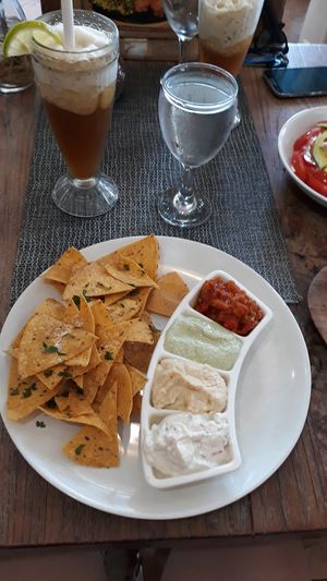 Dips with corn chips at Zula Vegetarian Paradise in Seminyak