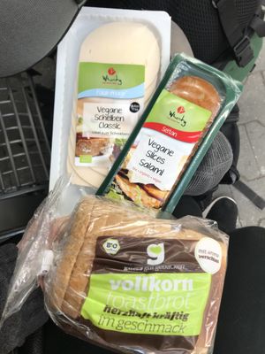 Vegan faux meat/cheese and bread for about 7 or 9 euro total. Great to pick up while we were at the Munich train station and make sandwiches for traveling!  at biokultur in Munich