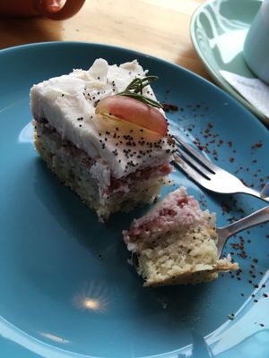 Poppy sponge cake with raspberry mousse at FC Caffe in Wroclaw
