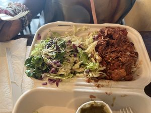 Wife got a bento with a salad and slaw with a bed of rice and jackfruit bar-b-que  at Loko Wraps in Kailua Kona